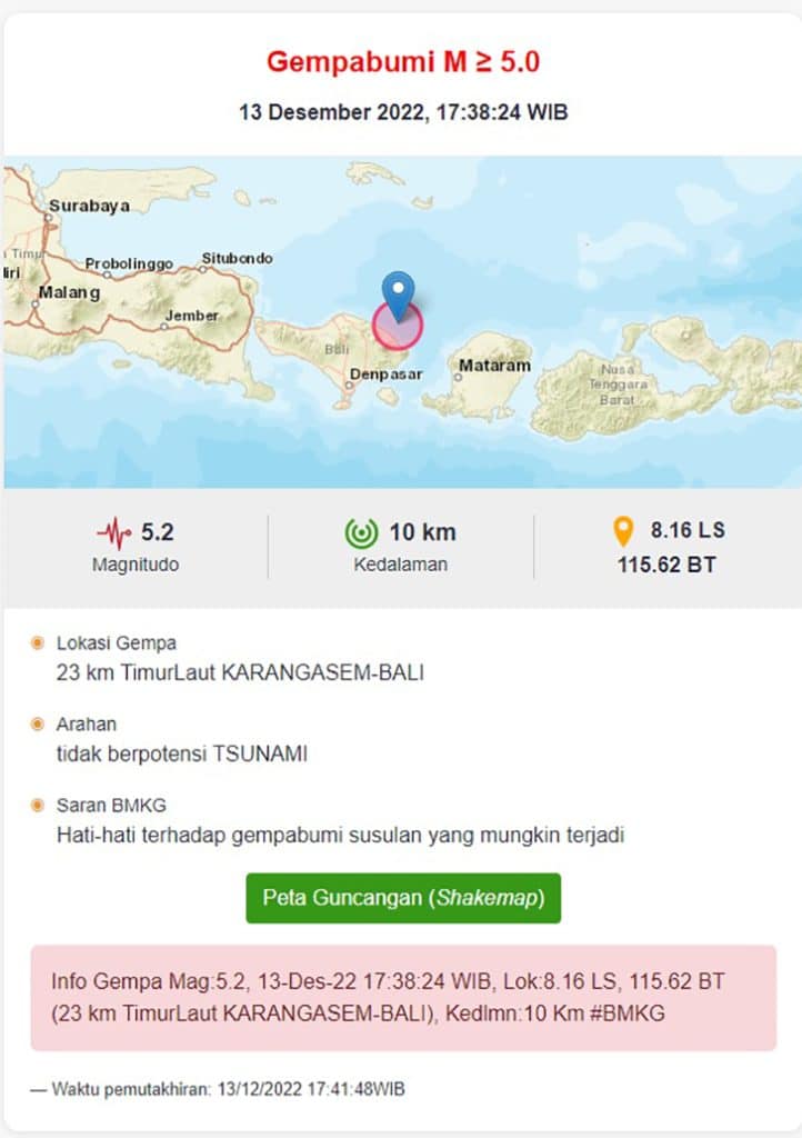 Bali Diguncang Gempa Susulan Berkekuatan 5.2 Magnitudo